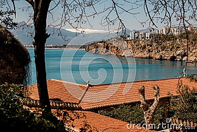 Amazing cityscape view of beautiful town and sea bay and mountains in background Stock Photo