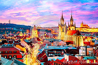 Amazing cityscape view of Prague Castle and church of our Lady Tyn, Czech Republic during sunset time Stock Photo