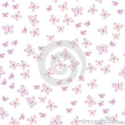 Amazing colorful background with butterflies painted with watercolors. Cute seamless watercolor butterflies pattern on white backg Cartoon Illustration