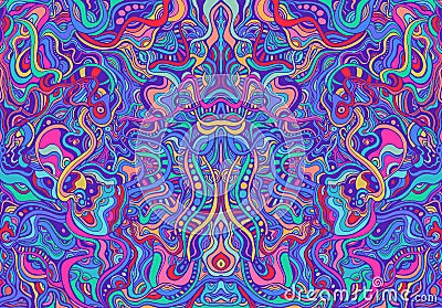 Amazing colorful hippie trippy psychedelic abstract mandala with many intricate wavy ornaments, bright neon multicolor Vector Illustration