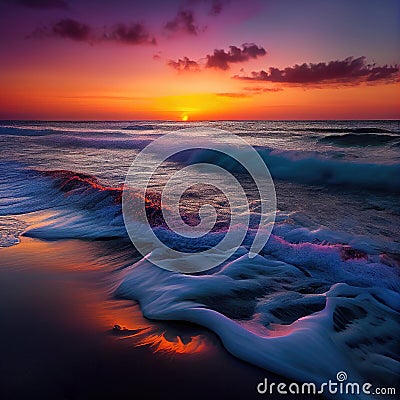 Amazing colorful ocean beach at sunset with endless horizon and incredible foamy waves made with generative AI Stock Photo