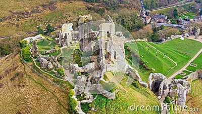 Amazing Corfe Castle in England from above - aerial view Stock Photo