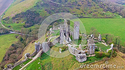 Amazing Corfe Castle in England from above - aerial view Stock Photo