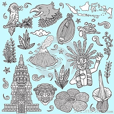 Amazing culture flora and fauna indonesia isolated illustration Vector Illustration