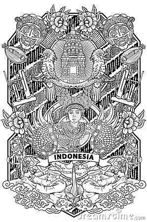 Amazing culture of indonesia outline illustration in vintage frame design Vector Illustration