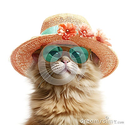 Amazing cutie cat wearing colorful summer hat with flowers and sunglasses isolated over white background. Created with generative Stock Photo