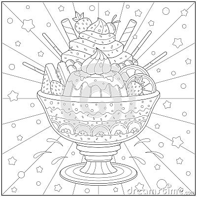 Amazing and delicious ice cream sundae with fruit and pudding. Learning and education coloring page Vector Illustration