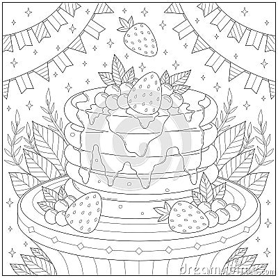 Amazing and delicious pancake with strawberry and honey. Learning and education coloring page Vector Illustration