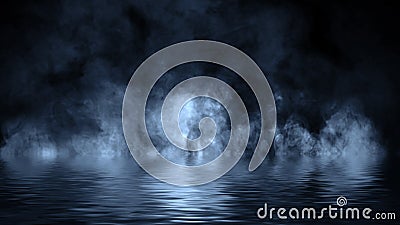 Amazing dry ice blue smoke with reflection in water. Texture overlays. Design element Stock Photo