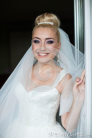Amazing elegance cute stilysh blonde bride is posing on the bac Stock Photo