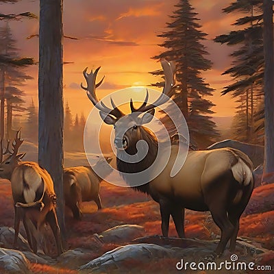 Amazing elks at sunset. generative AI Stock Photo