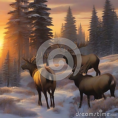 Amazing elks at sunset. generative AI Stock Photo