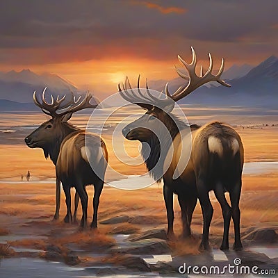 Amazing elks at sunset. generative AI Stock Photo