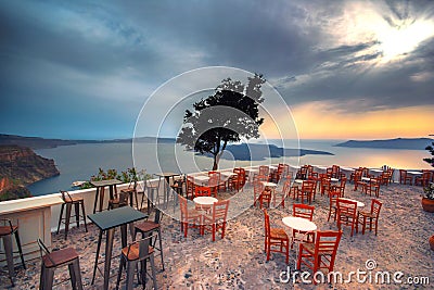 Amazing evening view of Fira, caldera, volcano of Santorini, Greece. Stock Photo