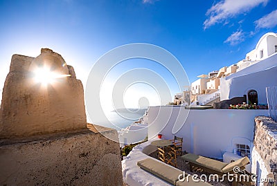 Amazing evening view of Fira, caldera, volcano of Santorini, Greece. Stock Photo