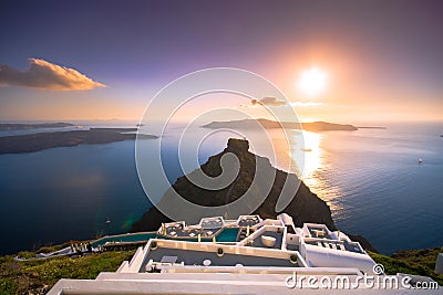 Amazing evening view of Fira, caldera, volcano of Santorini, Greece. Stock Photo
