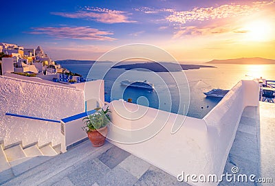 Amazing evening view of Fira, caldera, volcano of Santorini, Greece. Stock Photo