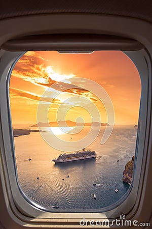 Amazing evening view of Fira, caldera, volcano of Santorini, Greece with cruise ships at sunset. Stock Photo