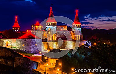 Amazing evening view of the medieval castle fortress in Kamianets-Podilskyi, Ukraine. Stock Photo