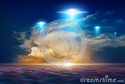 Amazing fantastic background - ufo with blue spotlights Stock Photo