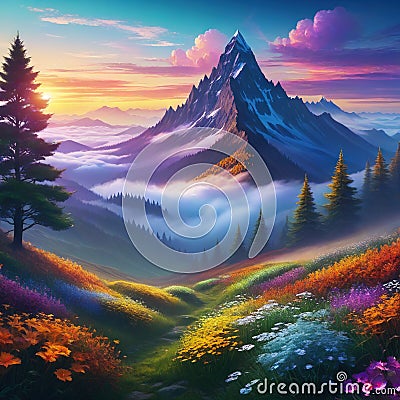 Amazing Fantasy Flower Forest on Mysterious Mountain Background Realistic Concept Art Background digital painting for Cartoon Illustration