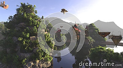 Amazing fantasy flying village 3d illustration and overgrown rocks Cartoon Illustration
