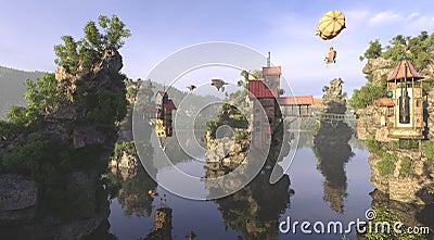 Amazing fantasy flying village 3d illustration and overgrown rocks Cartoon Illustration
