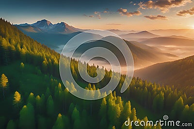 amazing forest landscape aerial view mountains on horizon sunset amazing sunrise gen ai Stock Photo