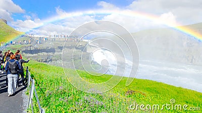 Amazing Gullfoss waterfall with rainbow. Golden Circle route. Iceland. Editorial Stock Photo