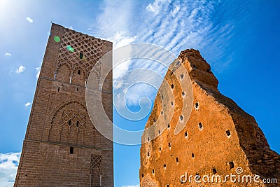 Amazing Hassan tower and part of the unfinished wall at Mausoleum of Mohammed V in Rabat, Morocco on sunny day. Artistic picture. Stock Photo