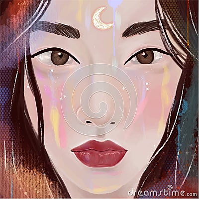 Amazing vector illustration portrait of an Asian woman. Multicolored tears. Cartoon Illustration