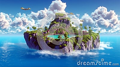 Floating fantasy island with green trees and grass waterfalls with clouds. flying heaven land Stock Photo