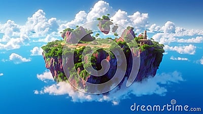 Floating fantasy island with green trees and grass waterfalls with clouds. flying heaven land Stock Photo