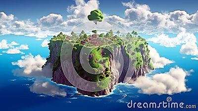 Floating fantasy island with green trees and grass waterfalls with clouds. flying heaven land Stock Photo