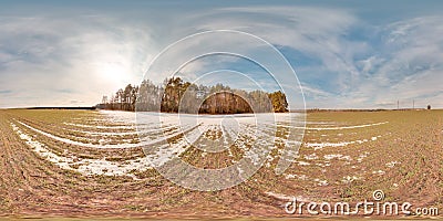 Amazing landscape with blue sky at spring trees without greens and grass with snow 3D spherical panorama with 360 degree viewing Stock Photo