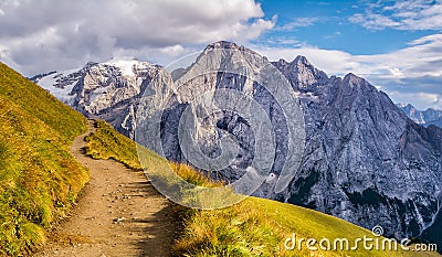 Amazing landscape of Dolomites Alps. Amazing view of Marmolada mountain. Location: South Tyrol, Dolomites, Italy, Europe. Travel Stock Photo