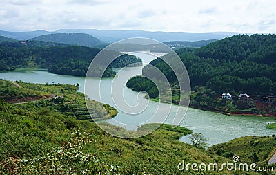 Amazing landscape of lake from mountain with pine forest Stock Photo