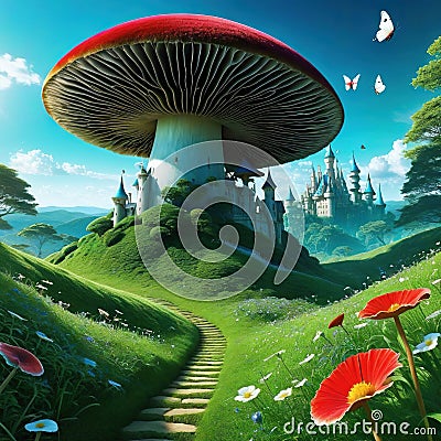 amazing landscape with a stunning old and Alice in Wonderland tale Cartoon Illustration