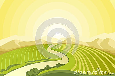 Amazing landscape of sunrise above fields at countryside Vector Illustration