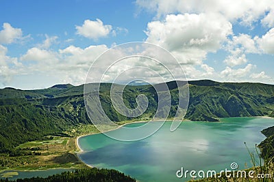 Amazing landscape view crater volcano lake in Sao Miguel island of Azores in Portugal in turquoise color water Stock Photo