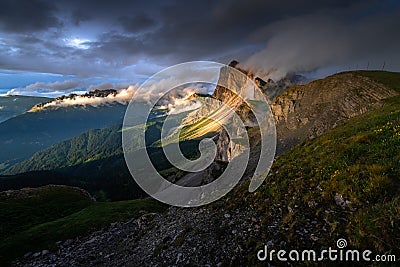 Amazing landscapes view of gold light on mountain with blue sky on summer from Dolomites, Italy. Stock Photo