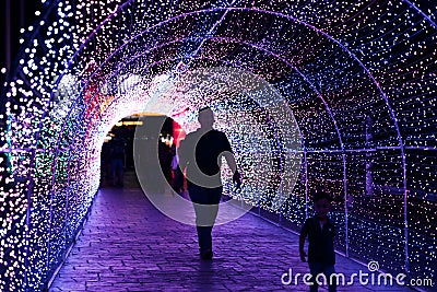 Amazing LED light tunnel at night. Editorial Stock Photo