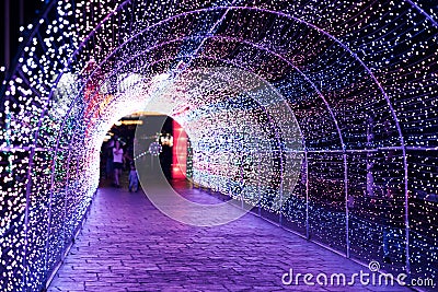 Amazing LED light tunnel at night. Editorial Stock Photo