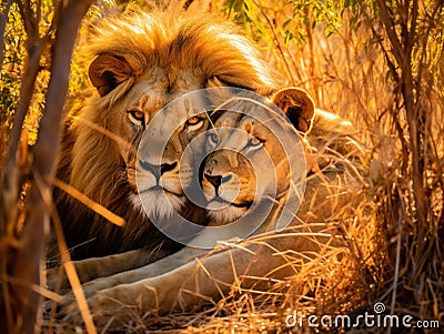 Amazing lions sitting and cuddling in the bush of Moremi Reserve Cartoon Illustration