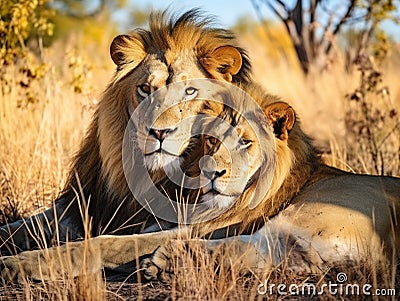 Amazing lions sitting and cuddling in the bush of Moremi Reserve Cartoon Illustration