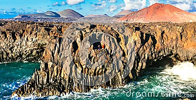 Amazing Los Hervideros lava`s caves in Lanzarote island, popular Editorial Stock Photo