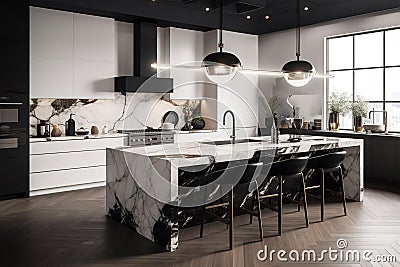 Amazing Luxury Kitchen Interior in white with wooden floor and kitchen island. Generative AI Stock Photo