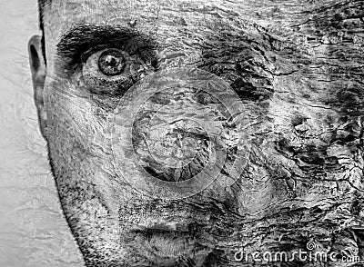 Amazing metamorphosis of man becoming tree, graphic art, beautiful and unique tree bark texture on human face Stock Photo