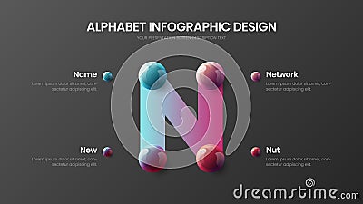 Amazing modern N symbol vector 4 option alphabet infographic 3D realistic colorful balls presentation template. Vector Illustration