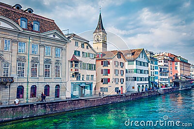 Amazing morning view of Fraumunster Church. Bright autumn cityscape of Zurich, Switzerland, Europe. Stunning landscape of Limmat R Stock Photo